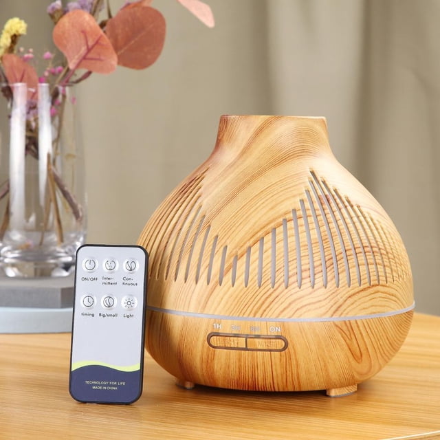 SDNall Sharp Mouth Wood Grain Hollow Aroma Diffuser 400ML Remote Humidifier