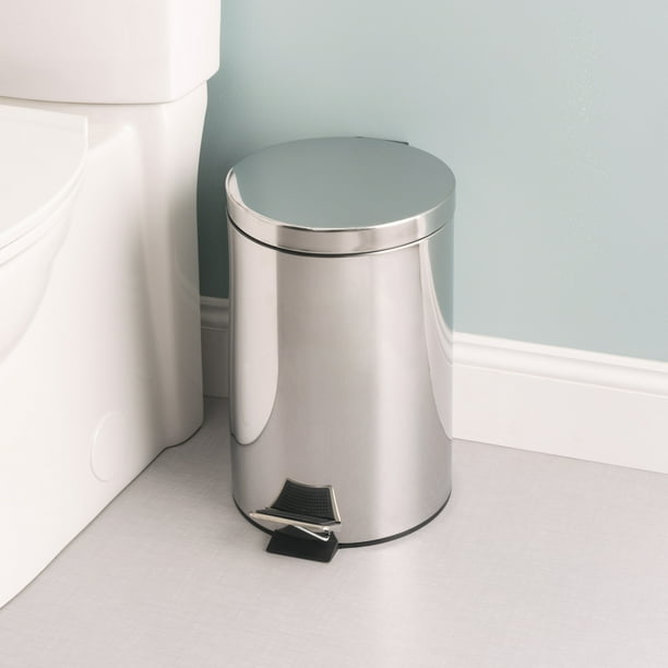 12 Liter Polished Stainless Steel Round Waste Bin, Silver