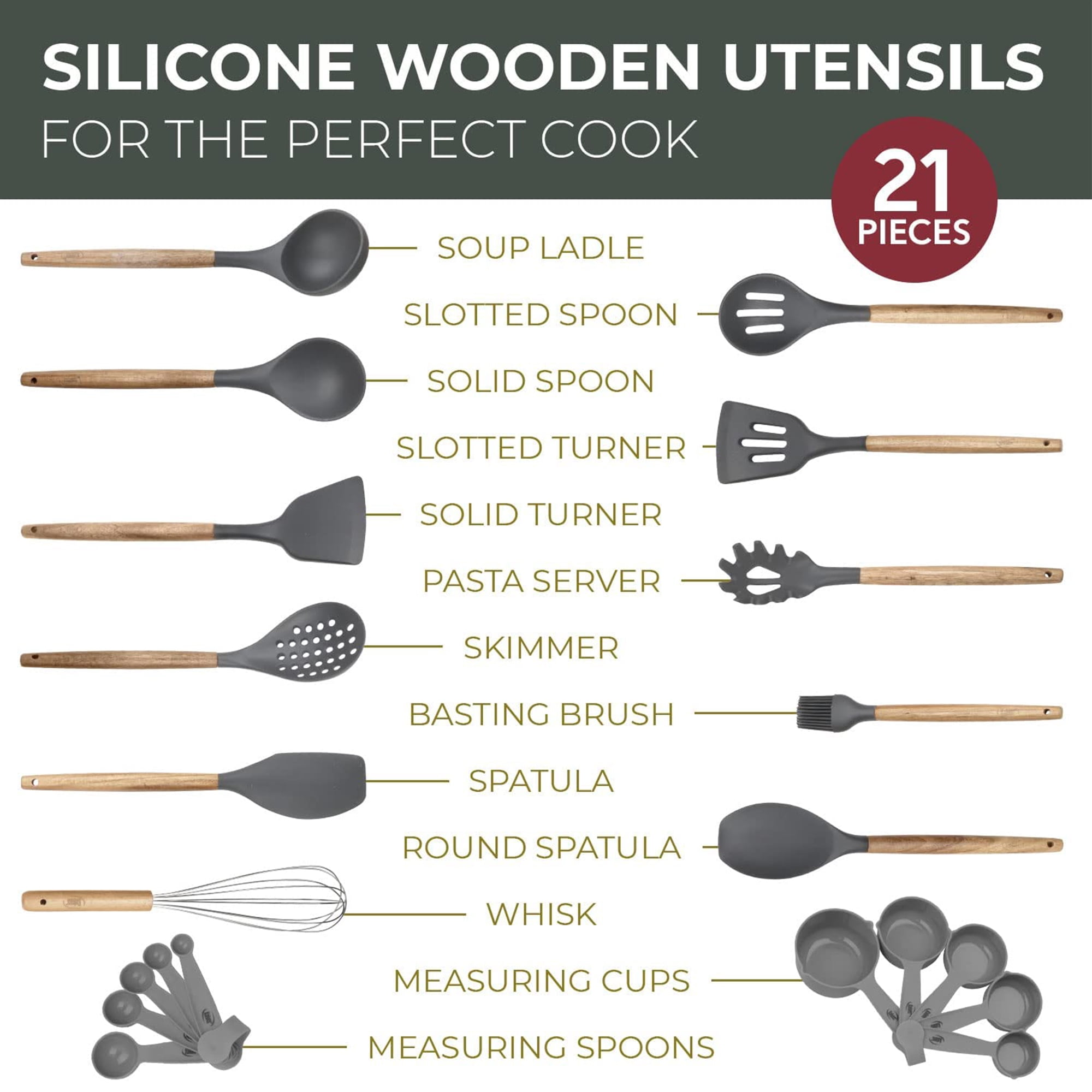 Kaluns 21 Pcs Wood and Silicone Kitchen Utensils Set for Cooking Household Essentials – Premium Cooking Utensil Set, Gray