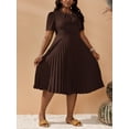 thumbnail image 5 of Plus Size Women's Solid Color Short Puff Sleeve Pleated Hem Dress Coffee Brown Casual Dress, 5 of 12