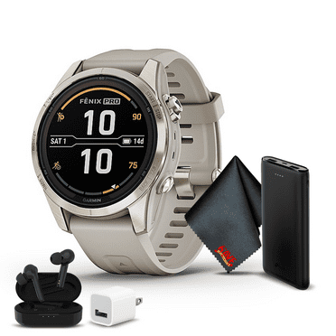 Garmin Fenix 7S Pro Solar Edition Sapphire GPS Smartwatch Built-in Flashlight And Power Sapphire Solar Charging Lens And Advanced Training Features with Soft Gold with Light Sand Band 42 MM