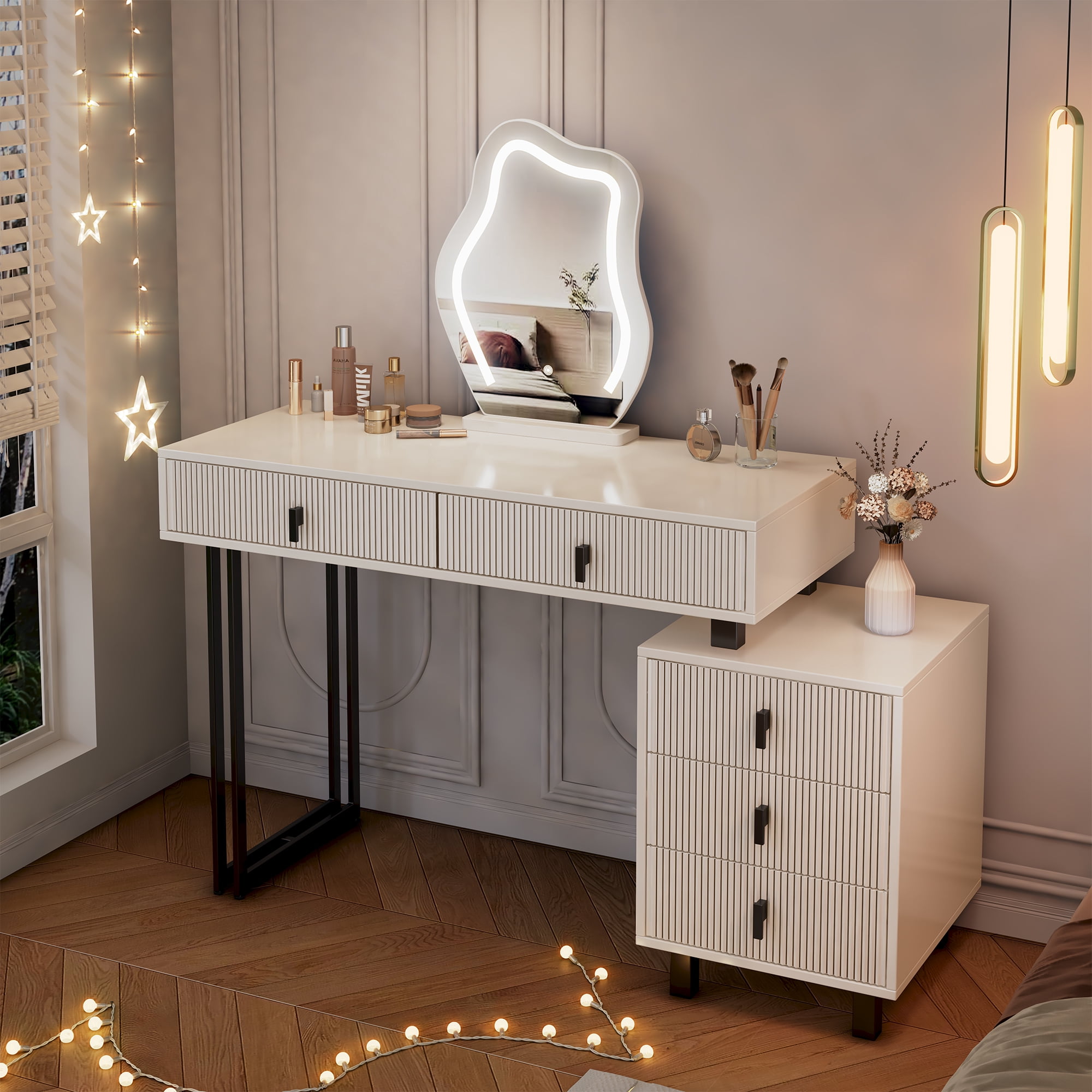 Mintazer Modern Vanity Desk with Cloud LED Mirror & Reversible Side Cabinet, Ribbed Texture Makeup Vanity Table with 5 Drawers & Gloss Top for Bedroom, White