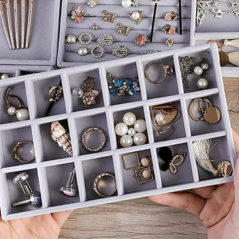 Jewelry Storage Box Velvet Jewellery Tray Case Earring Drawer Organizer  Ring Display Bracelet Holder Necklace Showcase Stackable