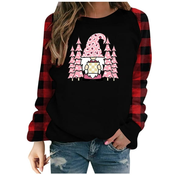 Christmas Shirts for Women Funny Plaid Raglan Sleeve Christmas Funny Pink Dwarfs Print Tops Unisex Crewneck Sweatshirt Tunic Tops Winter Fall Clothes Christmas Gnomes Shirts for Women Long Sleeve