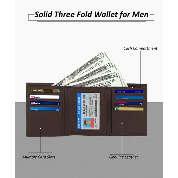 Genuine Leather Slim Trifold Wallet for Men with ID Window and RFID Blocking, Dark Brown