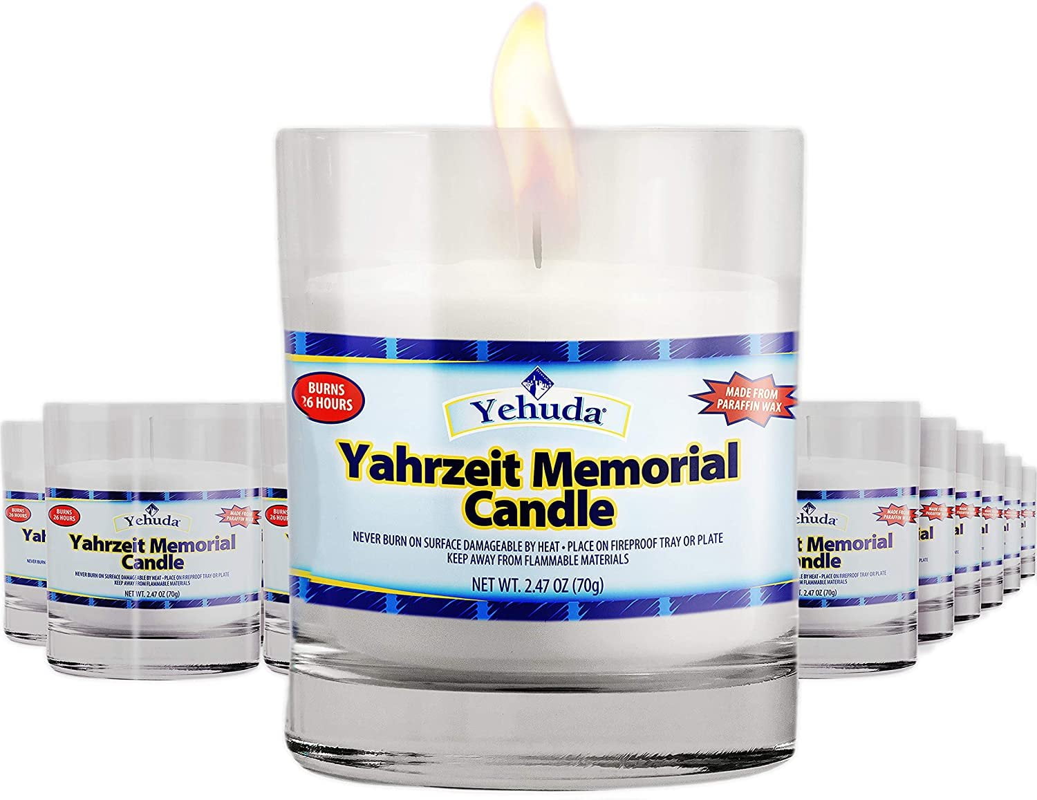 Yehuda, Yahrzeit Memorial Candle, Glass Tumbler 24 Pack 24 Hour Memorial Candles, Perfect For Blackouts, Storms & Hurricanes