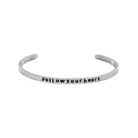 Polished 'Follow your heart' Cuff Stainless Steel Bracelet (3mm) - 7