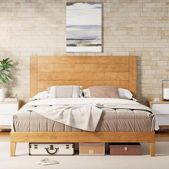Papajet Full Size Solid Wood Bed Frame with 48.6" Mid-Century Headboard & Wood Slats, Caramel