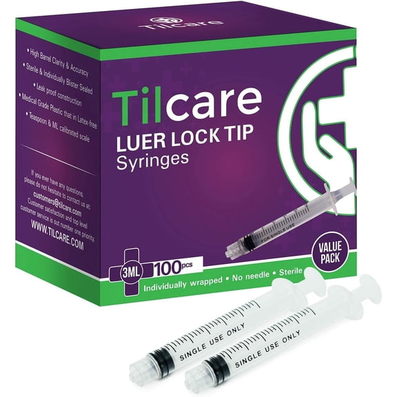 3ml Syringe Without Needle Luer Lock 100 Pack by Tilcare - Sterile Plastic Medicine Droppers for Children, Pets or Adults – Latex-Free Oral Medication Dispenser - Syringes for Glue and Epoxy