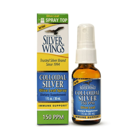 Natural Path Silver Wings Colloidal Silver 150ppm (750mcg) w/ Olive Leaf - Immune Support Supplement - 1oz Spray