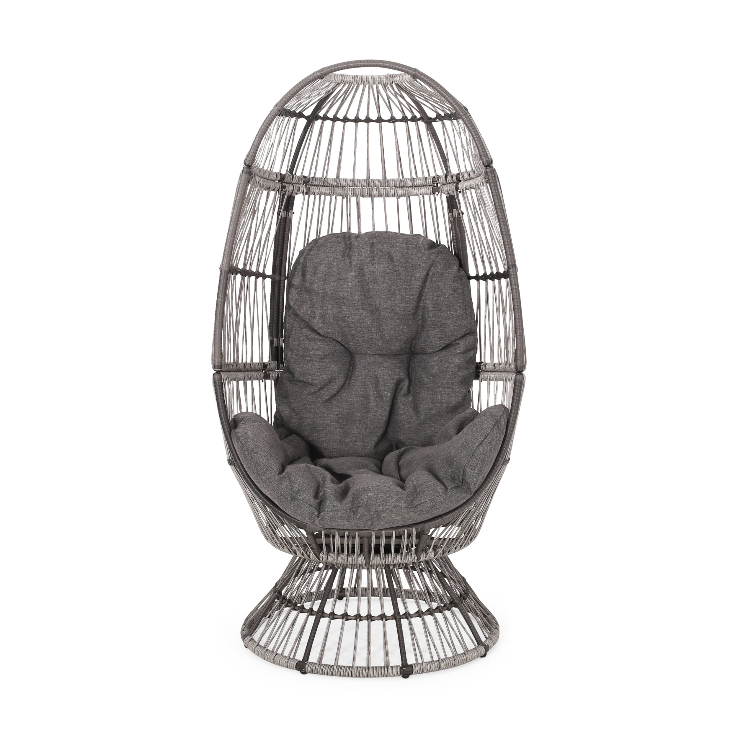 Outdoor Rotatable Egg Shaped Leisure Chair, Wicker Weave Swivel Single Seat for Patio Garden, Gray and Dark Gray