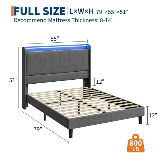 EDTara Bed Frame with Charging Station and LED Lights, Modern Platform Bed with Wooden Slats, Upholstered Headboard, No Box Spring Needed, Easy Assembly