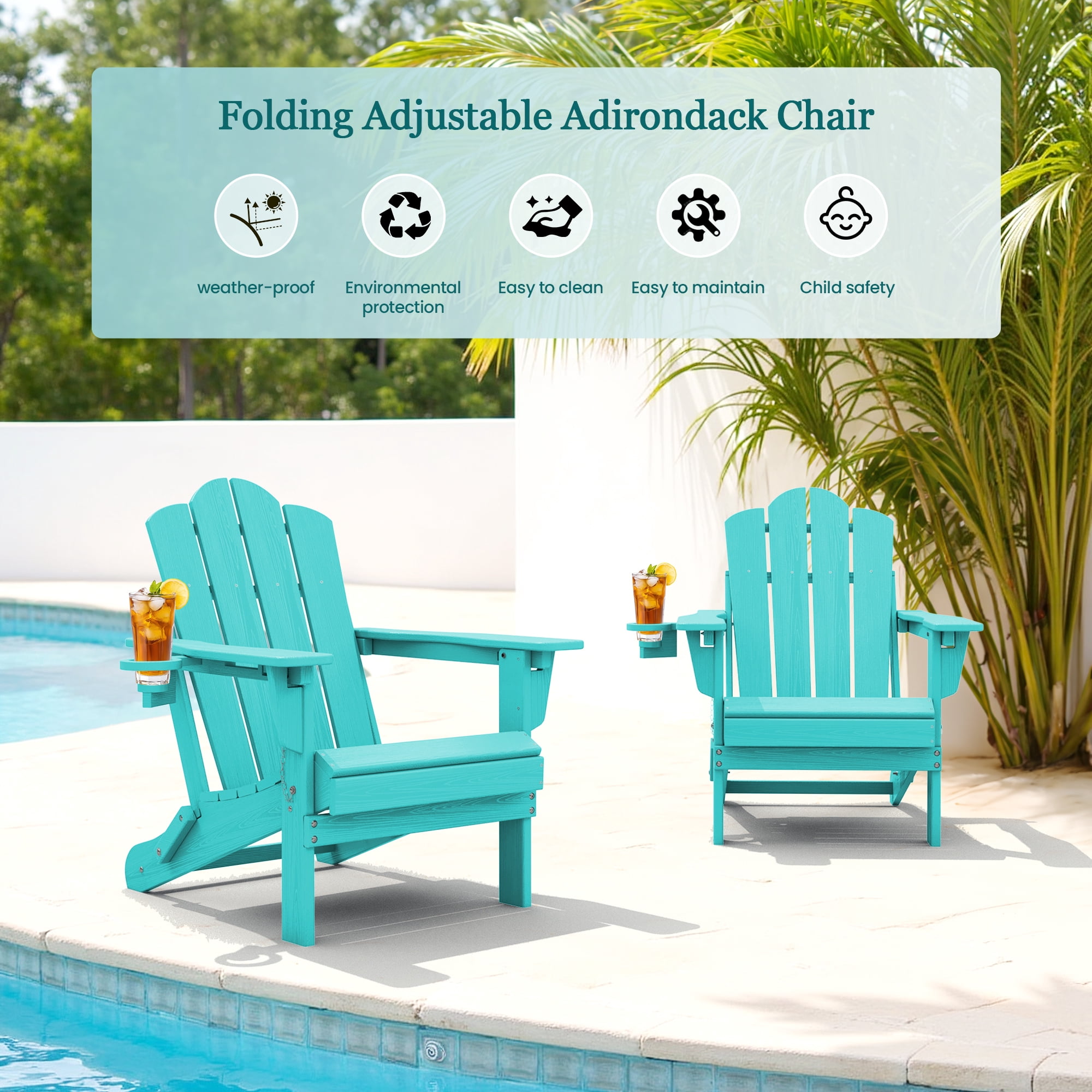 KINGYES Folding Adjustable Adirondack Chair, All Weather Use Reclining Adirondack Chair, HDPE Adirondack Outdoor Chair - Aruba