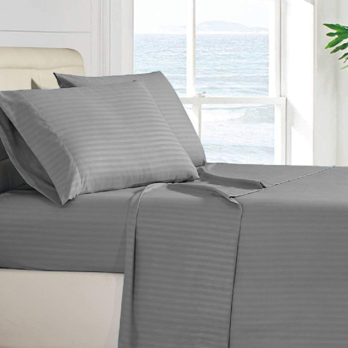 Stripes Bed Sheet Set (Twin, Dark Grey) 3 Pieces Deep Pocket 1800