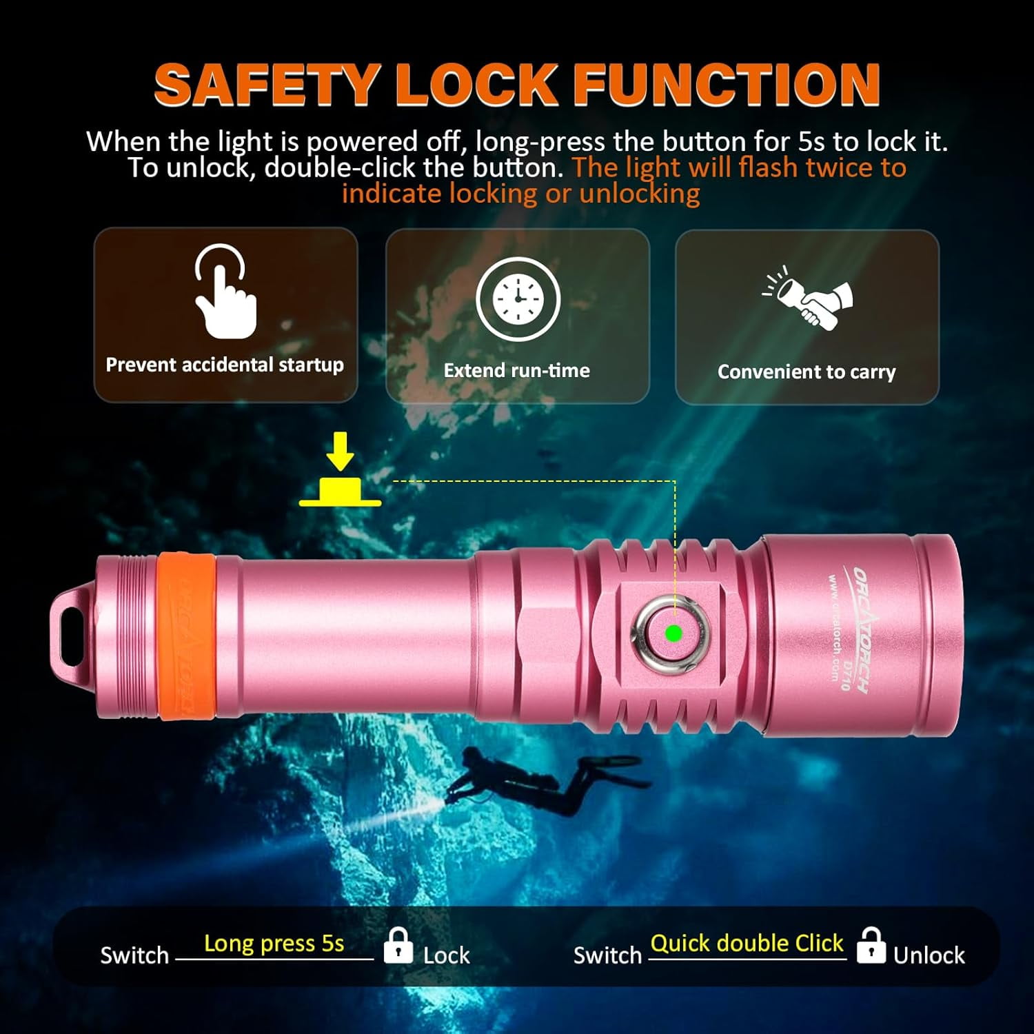 ORCATORCH D710 Scuba Diving Light, 3000 Lumens Super Bright Underwater Flashlight with 6 Degrees Narrow Beam, IP68 Waterproof Night Dive Torch 150 Meters Submersible Light (Pink)