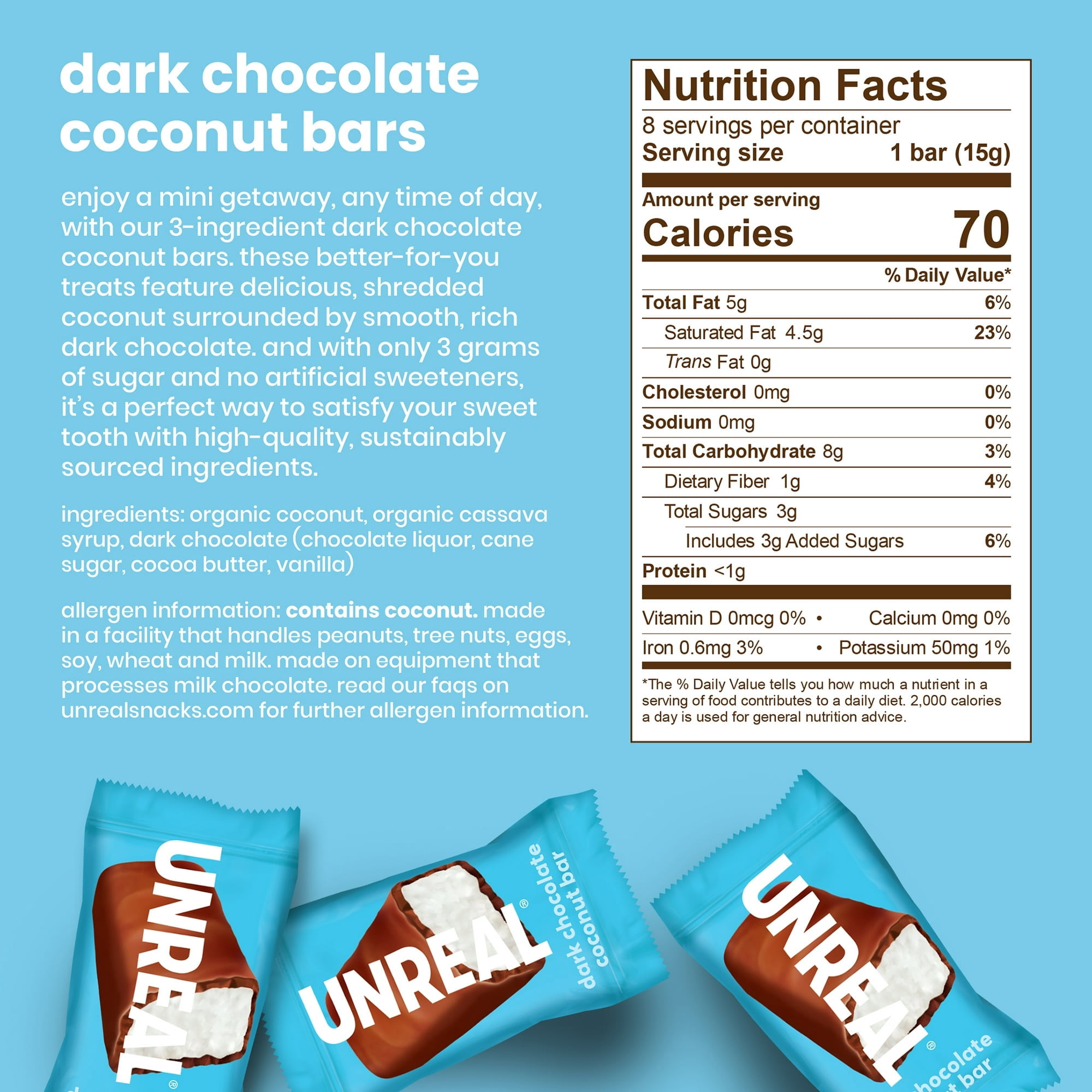 Unreal Dark Chocolate Coconut Bars, 4.2 oz Gluten Free (pack of 2)