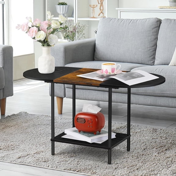 Black & Brown Oval 2-Tier Coffee Table With Storage Shelf For Living Room Small Space