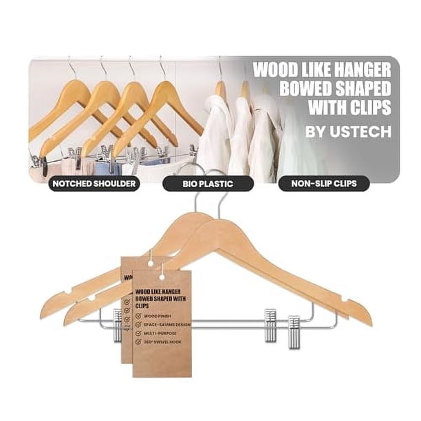 USTECH Gancho con Forma de Arco y Pinzas, con Acabado de Madera Resistente para Trajes, Pantalones y Faldas, Ahorra Espacio en el Armario con Muesca en el Hombro para Vestidos con Tiras, Paquete de 20