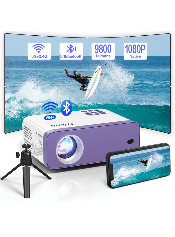 Auking 5G WIFI Bluetooth Mini Projector, 9800Lumens 1080P Full HD and 220" Display Supported movie Projector, Home Theater Projector Compatible with iOS/Android, (Tripod Included)