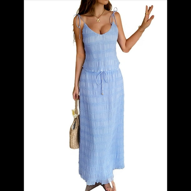 Conjunto de 2 Piezas para Mujer, Estilo Casual, con Falda Larga y Tirantes para Salir A la Playa. Azul M