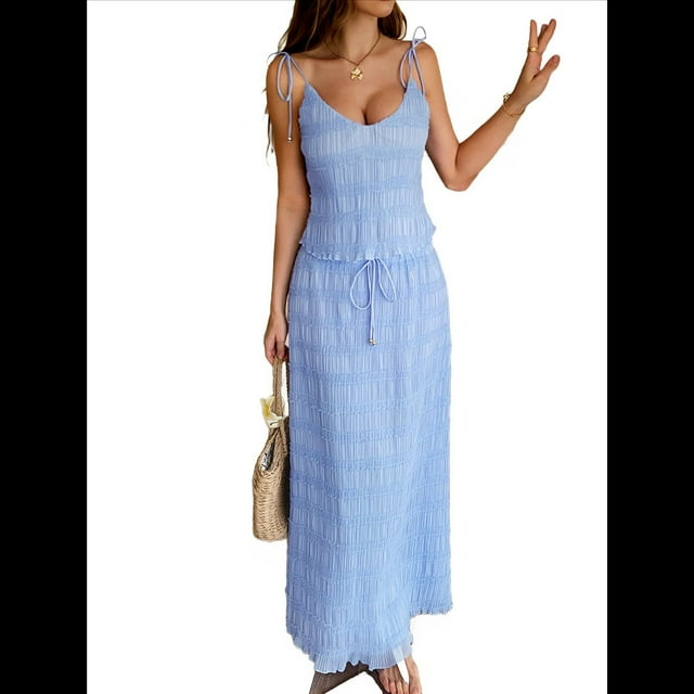 Conjunto de 2 Piezas para Mujer, Estilo Casual, con Falda Larga y Tirantes para Salir A la Playa. Azul M