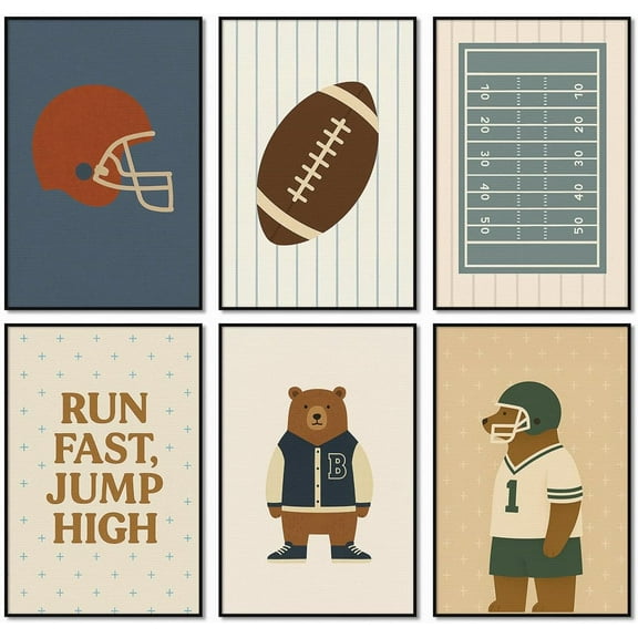 Football Poster Canvas, Baby Boy Sports Nursery Wall Art, Animal Bear Athletes Pictures, Run Fast Jump High Charming Quote Print, Kids Bedroom Soccer Equipment & Field Decor 8x12in Unframed