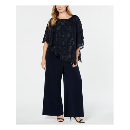 CONNECTED APPAREL Womens Navy Asymmetrical Overlay 3/4 Sleeve Jewel Neck Cocktail Wide Leg Jumpsuit Plus 22W