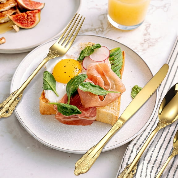 HEMOTON  Vintage Embossed Tableware Wedding Silverware Serving Utensils Cutlery Fork Golden