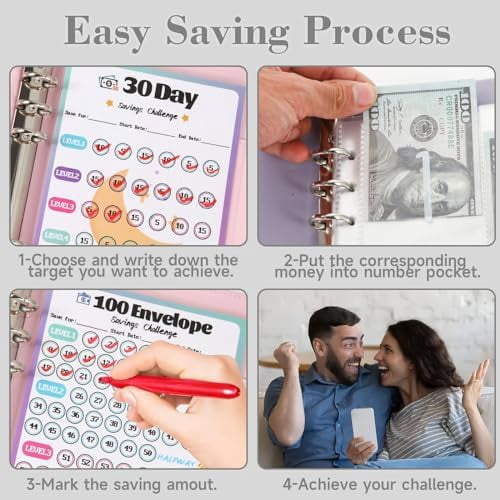 2 Pack 100 Envelopes Money Saving Challenge, Cash Budget Planner A5 Binder, Savings Challenges Book Organizer Folder, with 3 Tracker to Save $5,050 and $2,600, $300, 100 Pre-numbered Pockets, Bla