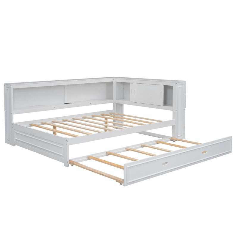 Full Size Wood Daybed with Twin Size Trundle, Storage Bed Frame with Shelves & Cabinets, Sofa Bed with LED Light and Charge Station