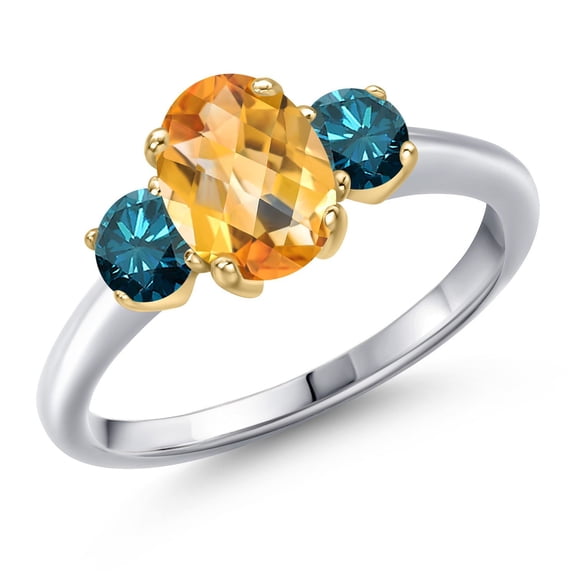 Gem Stone King 925 Silver and 10K Yellow Gold Yellow Citrine and Blue Diamond Engagement Ring for Women | 1.79 Cttw | Oval Checkerboard 8X6MM | Gemstone November Birthstone | Size 9