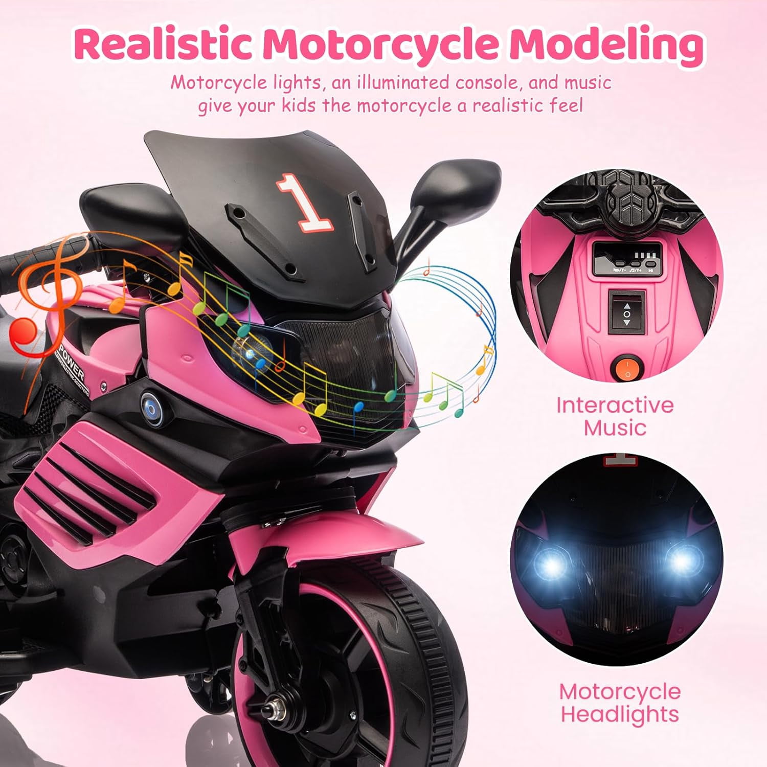 Trilenars 6V Motorcycle, Electric Ride On Car Toy with Training Wheels, Working Headlight, Horn & Music, Battery PoweRed Ride On Motorcycle Toy for Ages 3-6,Light Pink
