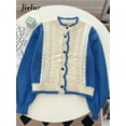 thumbnail image 3 of LOVE DOCK Autumn YAMXUN Short Knitted Sweater Women Single-breasted Khaki Green Hit Color Female Cardigan Long Sleeve Small Coat, 3 of 5