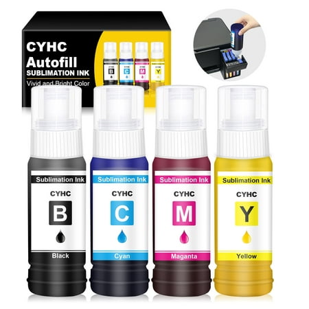CYHC Autofill Syringe-Free Sublimation Ink for Epson EcoTank ET-2800 ET-2803 ET-2400 ET-4800 ET-2850 ET-15000 / DIY Mugs, Phone cases, T-Shirts/ Anti-UV / 4 Pack