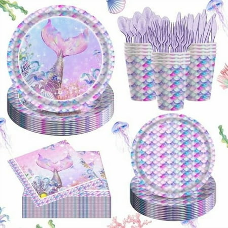 140PCS Mermaid Themed Party Supplies for Girls Baby Shower Under the Sea Mermaid Birthday Party Decorations Ocean Party Tableware Plates Cups Napkins Knives Forks for 20 Guests$$Home Decor