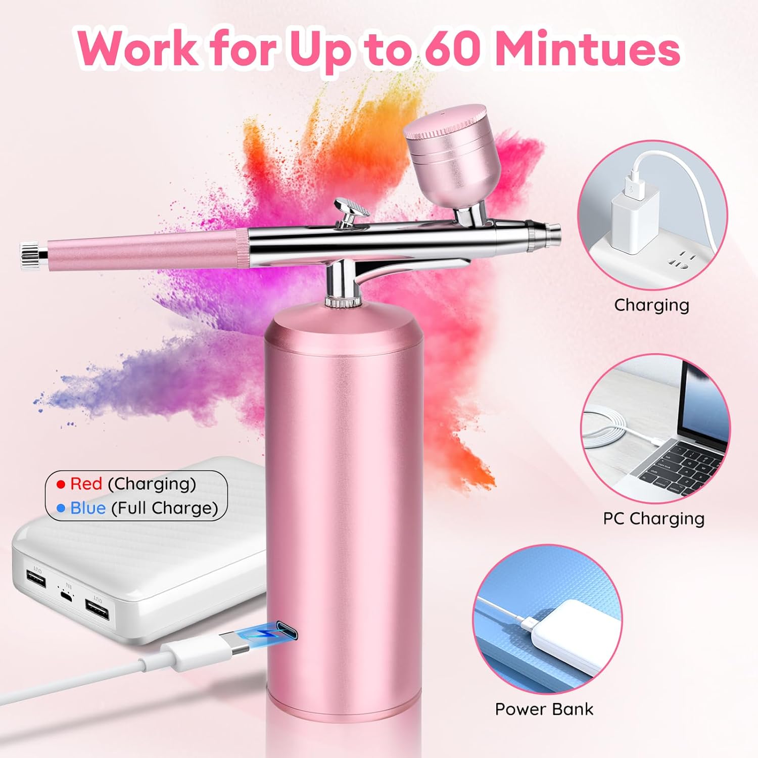 Airbrush Kit with Compressor, LED Display, Great for Painting, Modeling, Cake Decorating, Makeup, Nail Art、DIY (Pink)