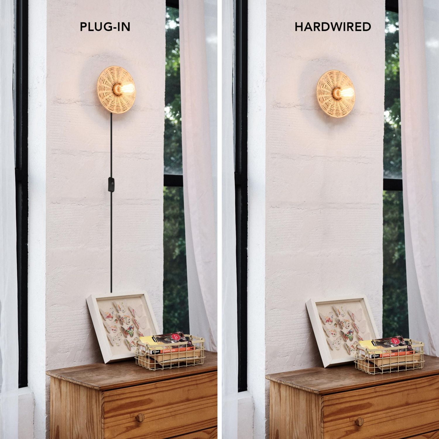 1-Light Plug-In or Hardwire Wall Sconce with Natural Twine Blackplate, 91004441