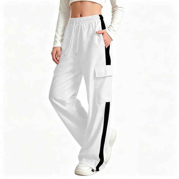 BCSIOAOI Girls Pants,Cotton Wide Leg Cargo Pants with Side Stripes White 5-6 Years