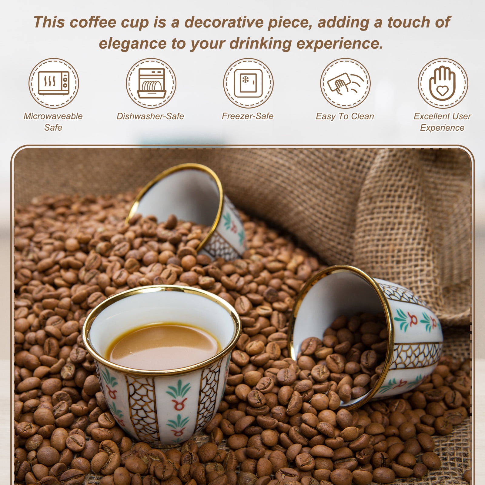 Uxcell Arabic Coffee Cup, 8.5 oz Ceramic Tea Cups Espresso Coffee Mug for Latte Cappuccino Milk Office Home Party Gifts, (White/Green, Style F)