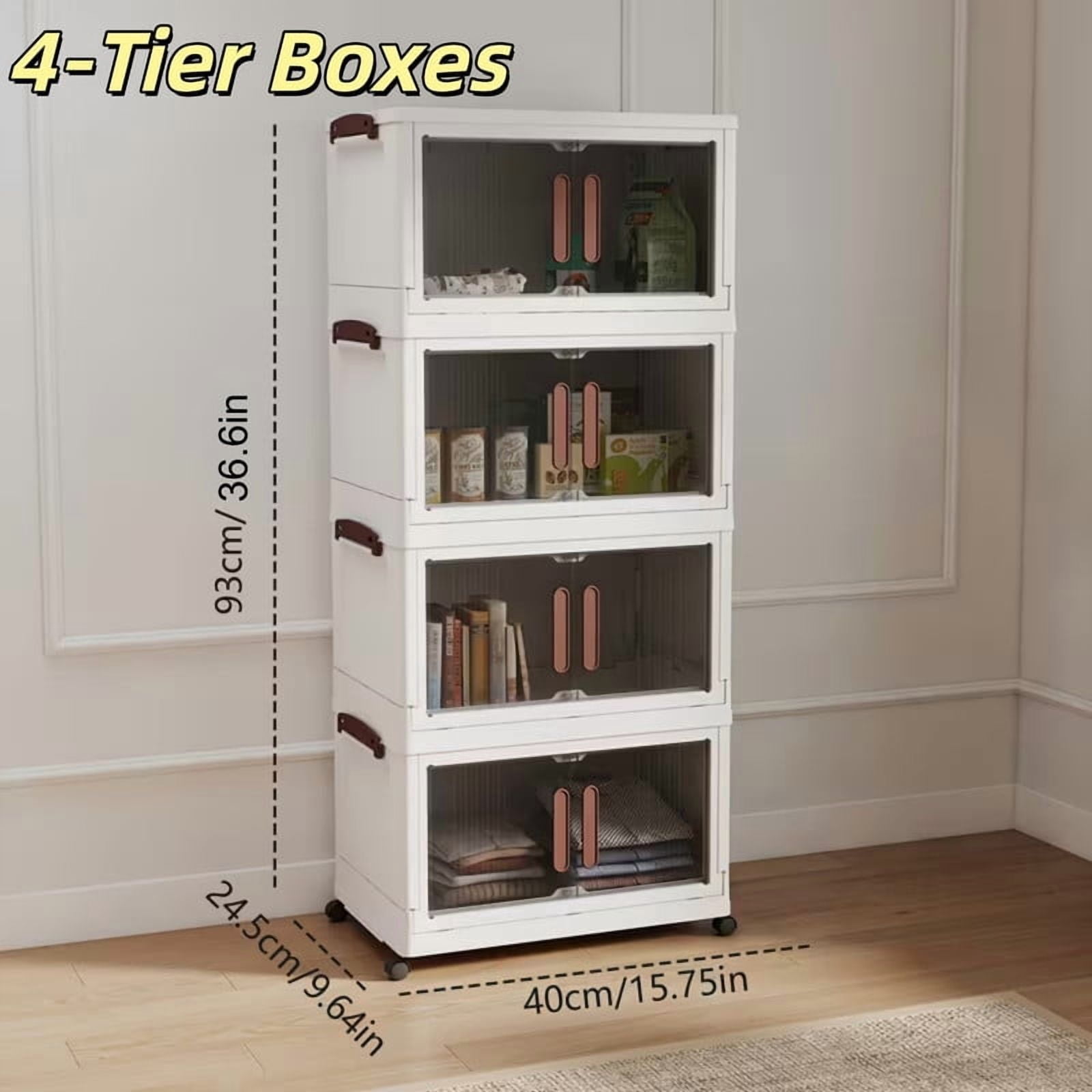 Howcool 3/4/5-Tier Stackable Storage Bins with Lid, Foldable Storage Box Cabinet with Wheels & Acrylic Doors