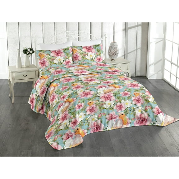 Ambesonne Birds and Nature Quilted Coverlet 3 Pcs, Vintage Blooms, King Size, Seafoam Vermilion Blush