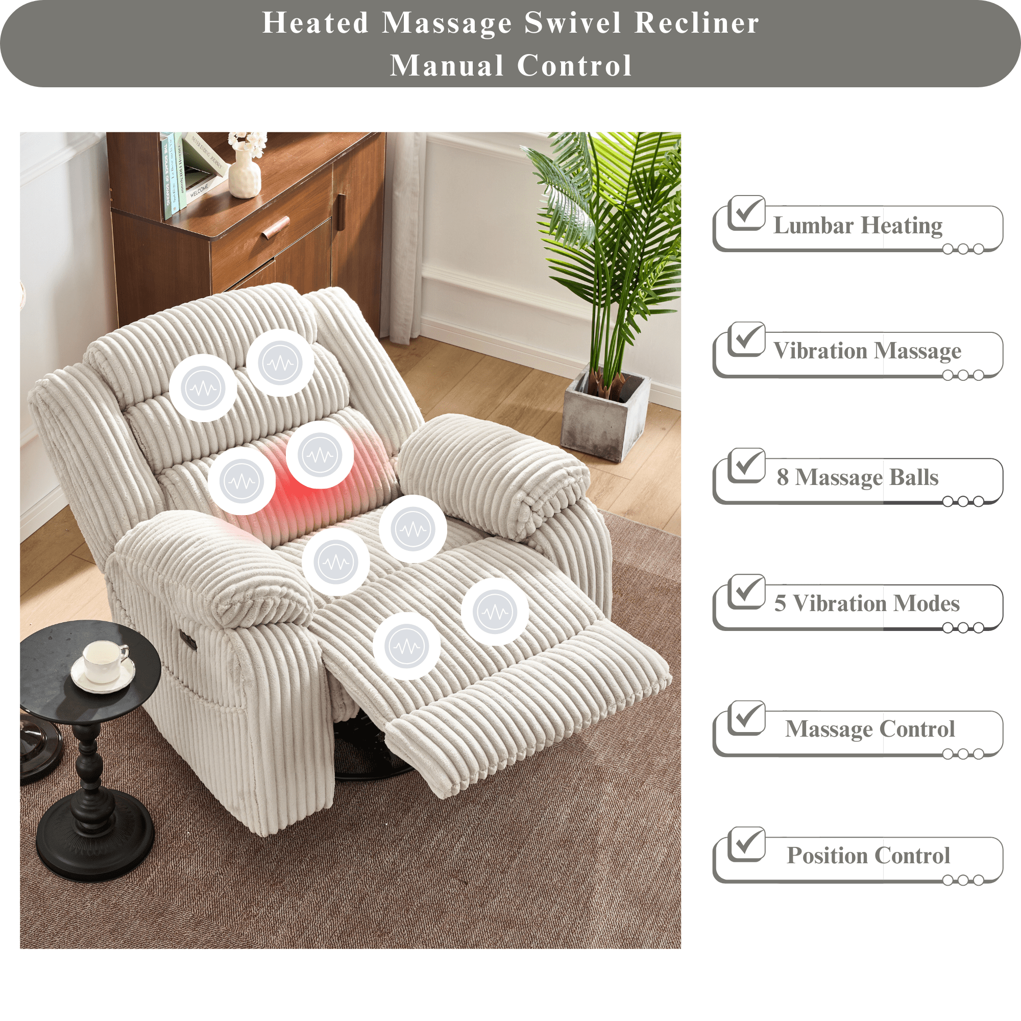 JUUXO Extra Wide Rocker Recliner Swivel Chair Nursery with Heat Massage - USB & Type C Charging Port - Velvet Swivel Reclining Chair for Living Room Bedroom Office