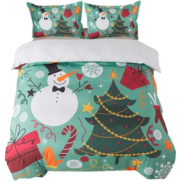 shiyou-3 Pieces Merry Christmas Bedding Set for Women Christmas Tree Bedding Queen Size Christmas Tree Printed Comforter Cover Snowman and Gift Box Bed Set with 2 Pillowcases (No Comforter)