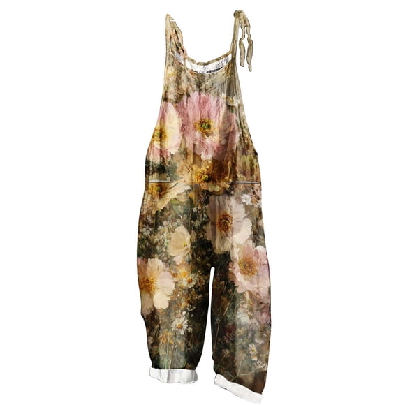 lcziwo Womens Loose Wide Leg Jumpsuits Boho Floral Print One Piece Pants Summer Casual Cotton Linen Sleeveless Romper Overalls with Pockets Beach Outfits Weekly Sale,Multicolor,L