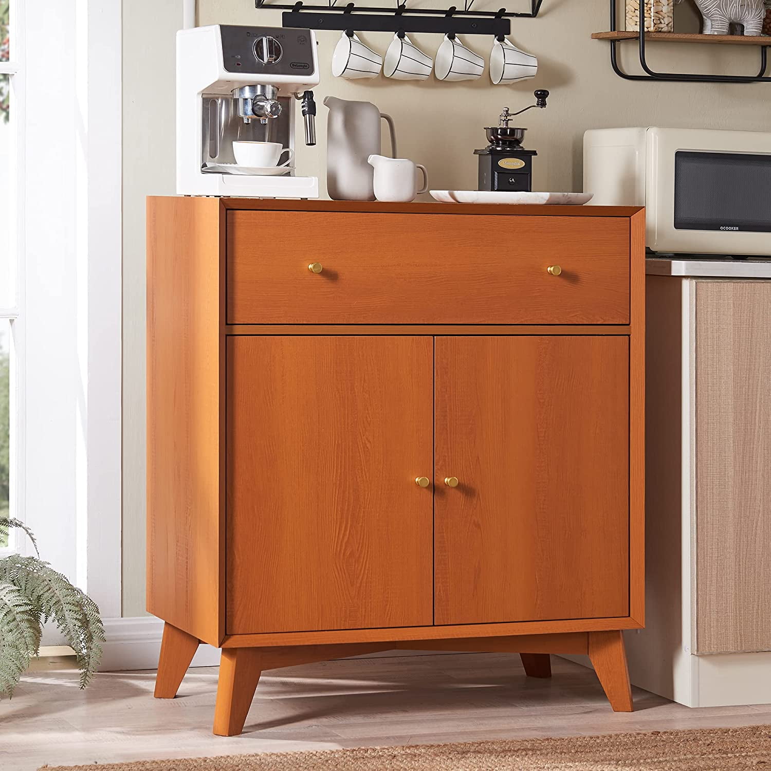 OKD Mid Century Modern Coffee Bar with Drawers and Adjustable