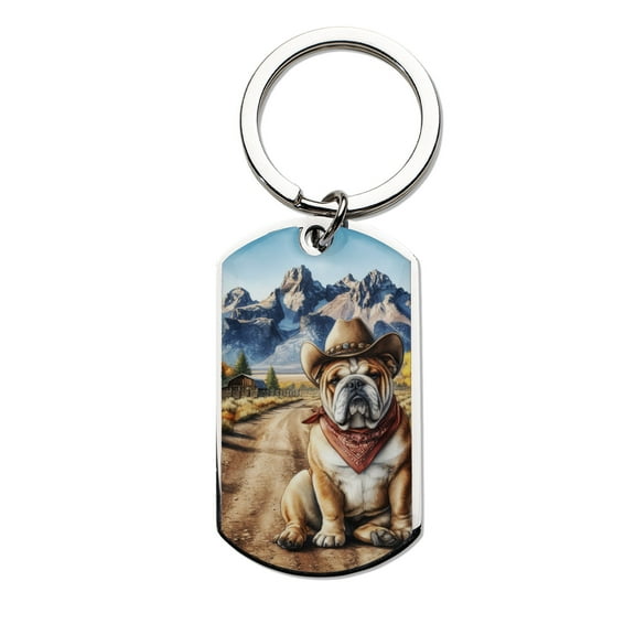 Welcome Fall Western Cowboy Bulldog Enjoys Majestic Autumn Stainless Steel Keychain Dog Lover Gifts Idea Collar Charm Tag Keyring - 01007