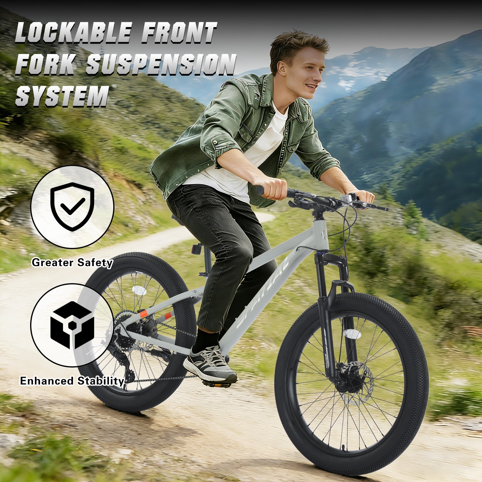 SPATIAL 24 inch Pro Fat Mountain Bike,8-Speed Gears MTB Mountain Bikes,Aluminum Frame Dual Disc Brakes,Cool Gray