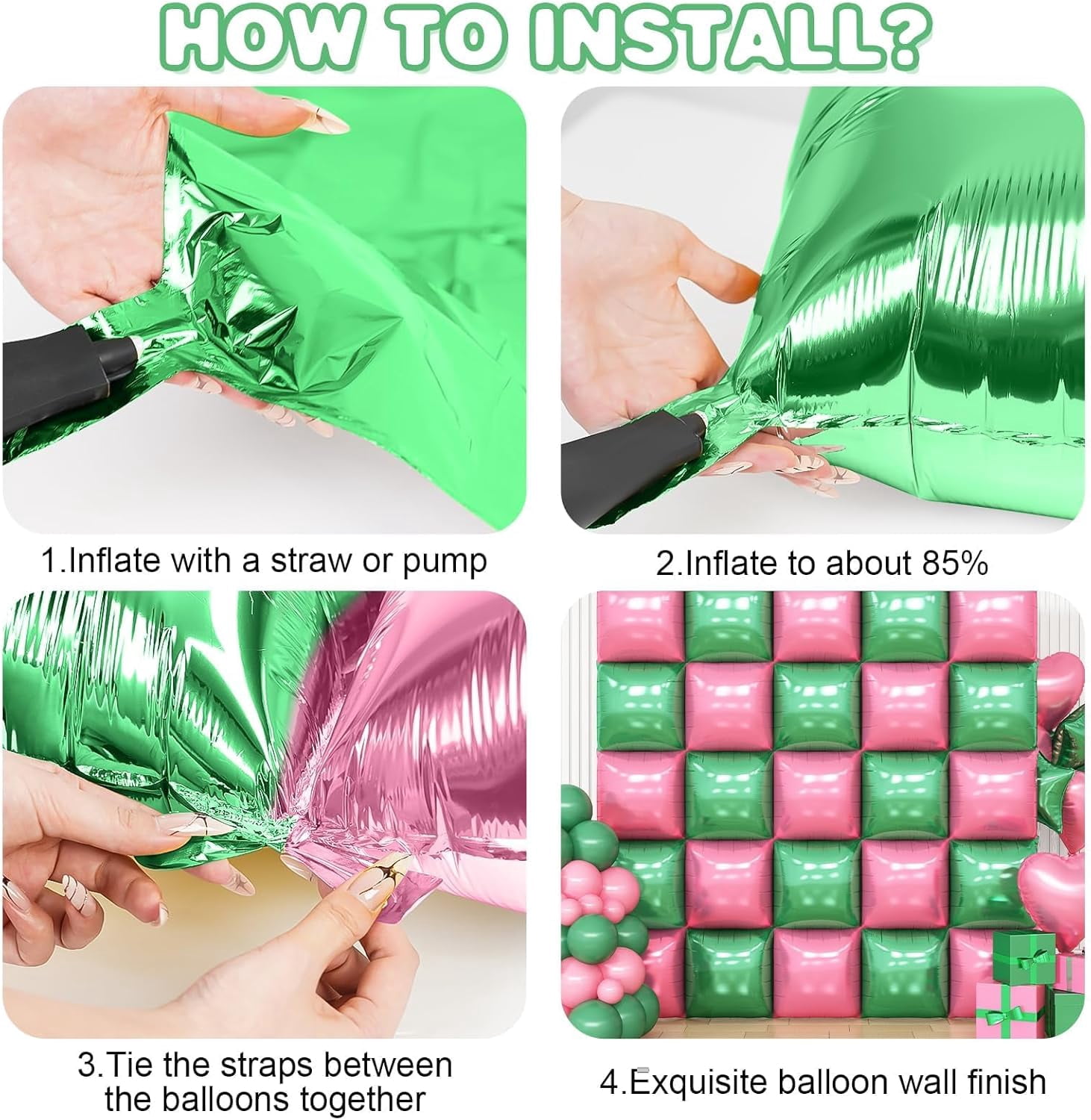 Pink Green Square Foil Balloon Wall,25Pcs Double Sided Foil Balloons Backdrop Helium Tunnel Arch Garland Kit for Girls Witch Themed Birthday Baby Shower Anniversary Party Decorations
