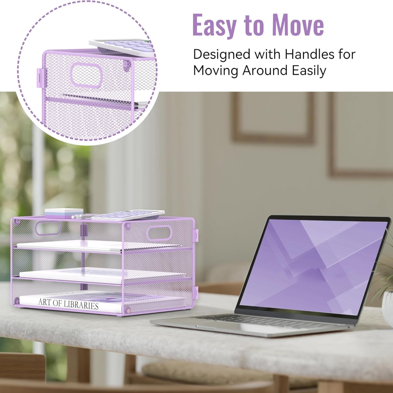 INTIGE 3-Tier File Organizer with Handles, Mesh Desktop Storage Cabinet, Suitable for Home and Office