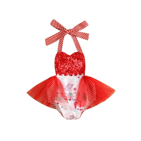 

Infant Baby Girls Christmas Outfit Sleeveless Halter Santa Romper Bodysuit Tutu Dress Jumpsuit with Bowknot